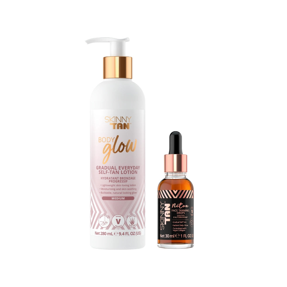 Skinny Tan Gradual Glow Bundle Product Image including Body Glow gradual Tanner and Notox Tanning Drops