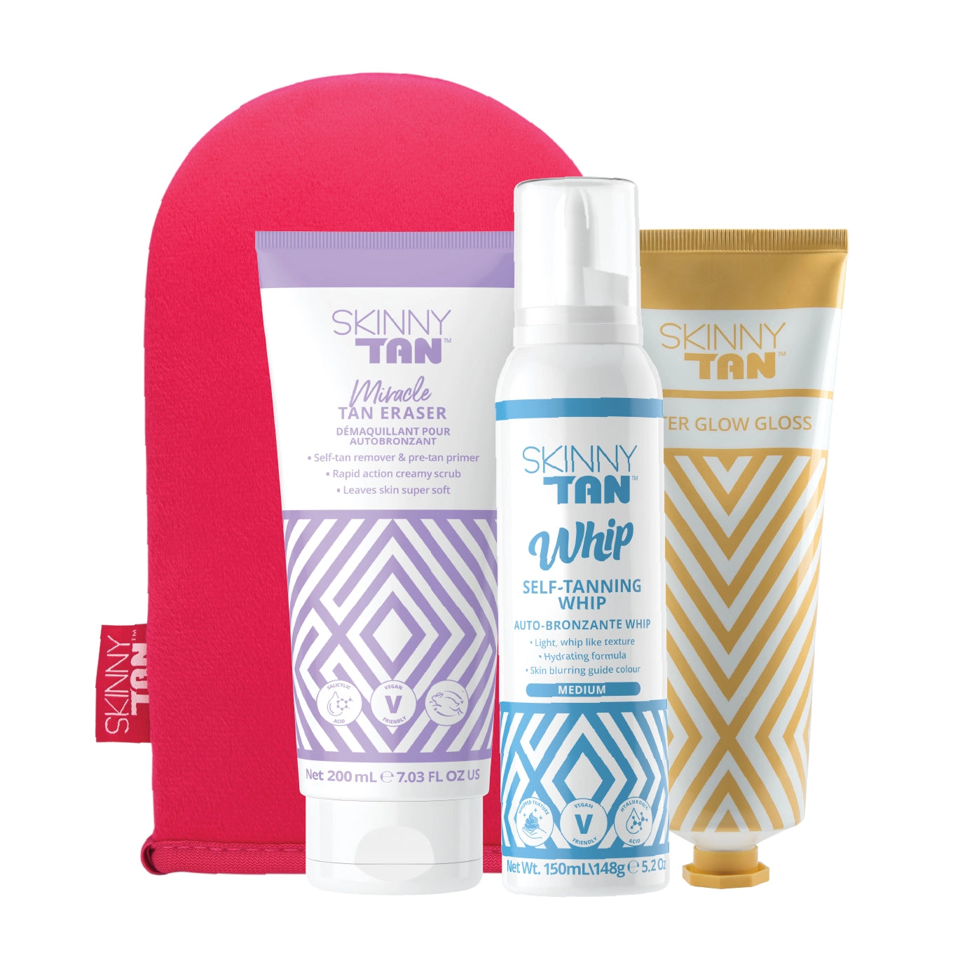 All Whipped up Skinny Tan fake tan bundle product image includes Self Tanning Whip (medium or dark), Miracle Tan Eraser, After Glow Gloss and a Pink Velvet Tanning Application mitt