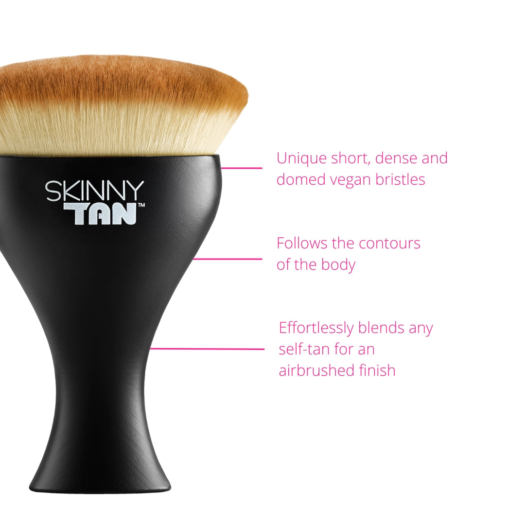 Skinny Tan Body Buffing Brush key selling points and product image. Key features are: Unique short, dense and domed vegan bristles, follows the contours of the body, effortlessly blends any self-tan for an airbrushed finish.