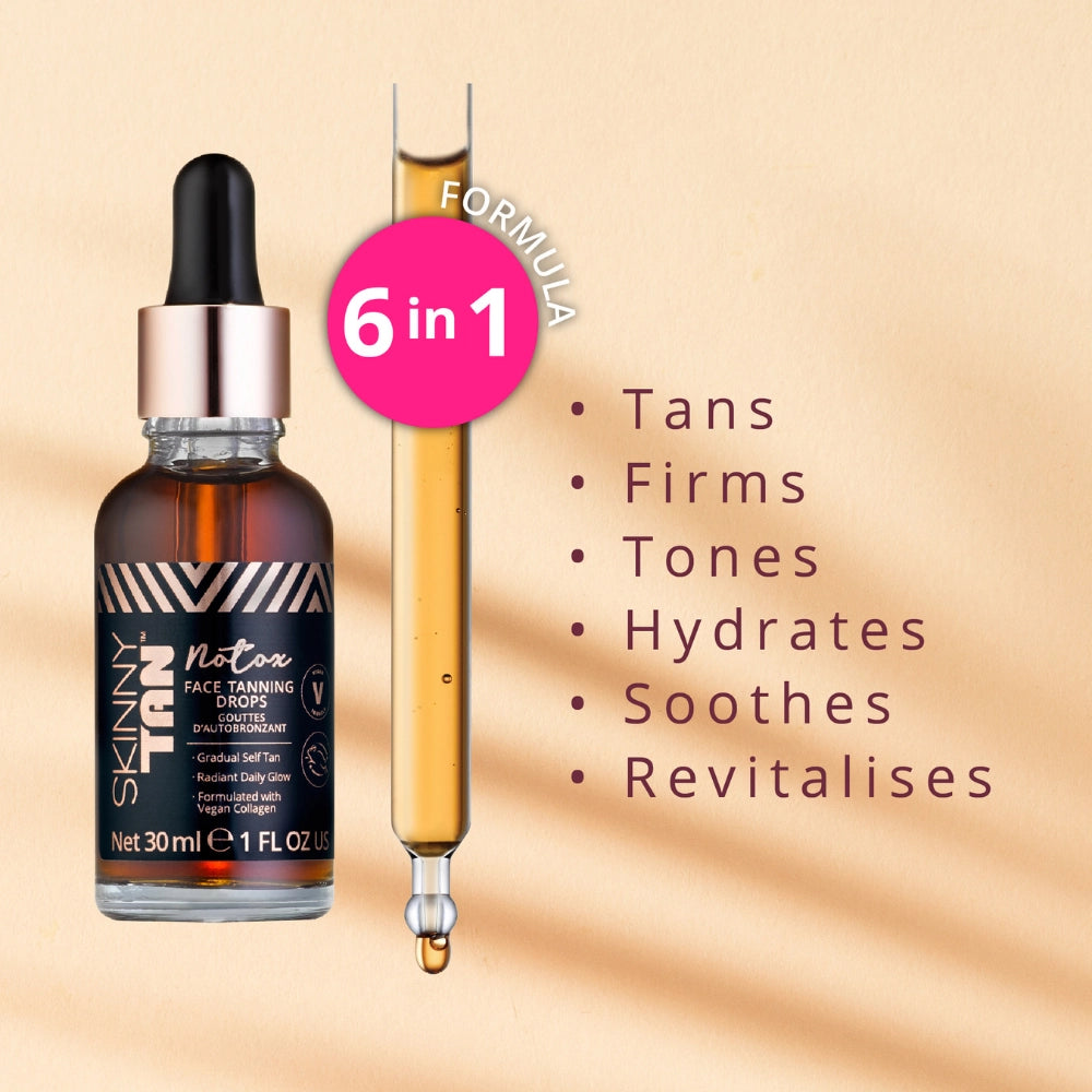 Skinny Tan Notox Tanning Drops 30ml 6 in 1 formula: Tans, firms, tones, hydrates, soothes, revitalises