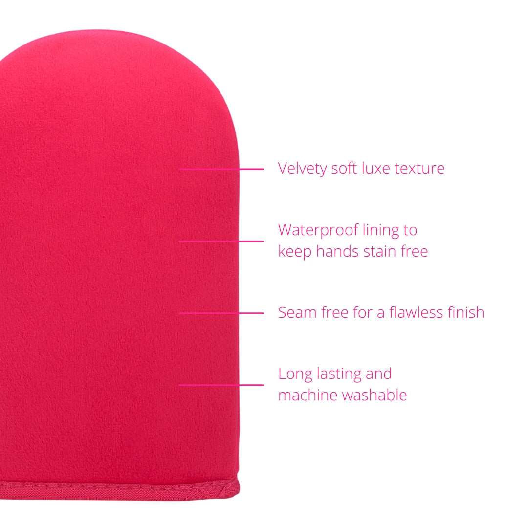 Skinny Tan pink velvet dual application mitt why you'll love me: velvety soft luxe texture, waterproof lining to keep hands stain free, seam free for a flawless finish, long lasting and machine washable