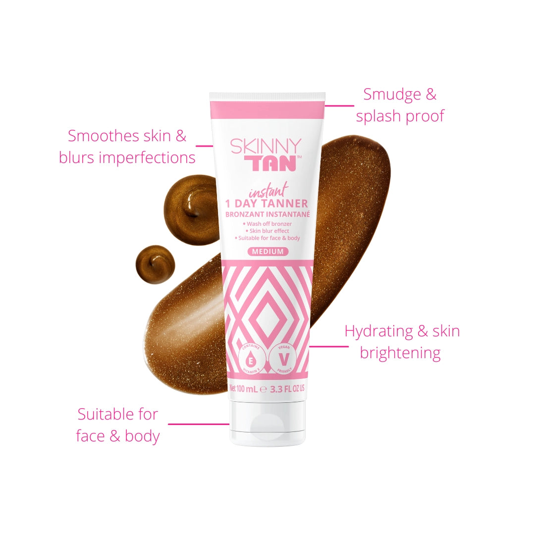 Skinny Tan 1 Day Instant Tanner Why You'll Love Me Information: Smooths skin and blurs imperfections, smudge and splash proof, hydrating and skin brightening, suitable for use on your face and body