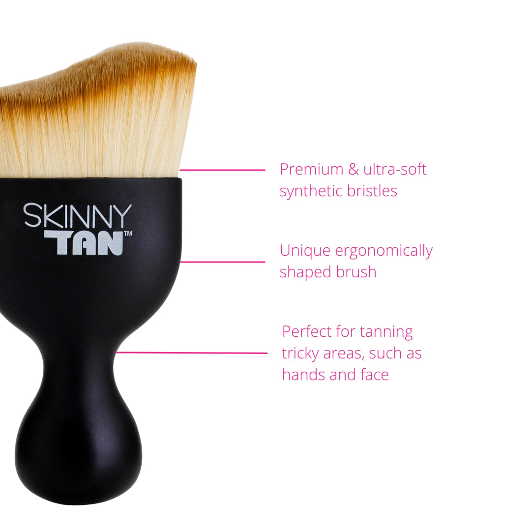 Skinny Tan Miracle Brush- Why you'll love me. Premium and ultra-soft synthetic bristles, unique ergonomically shaped brush, perfect for tanning tricky areas such as hands and face
