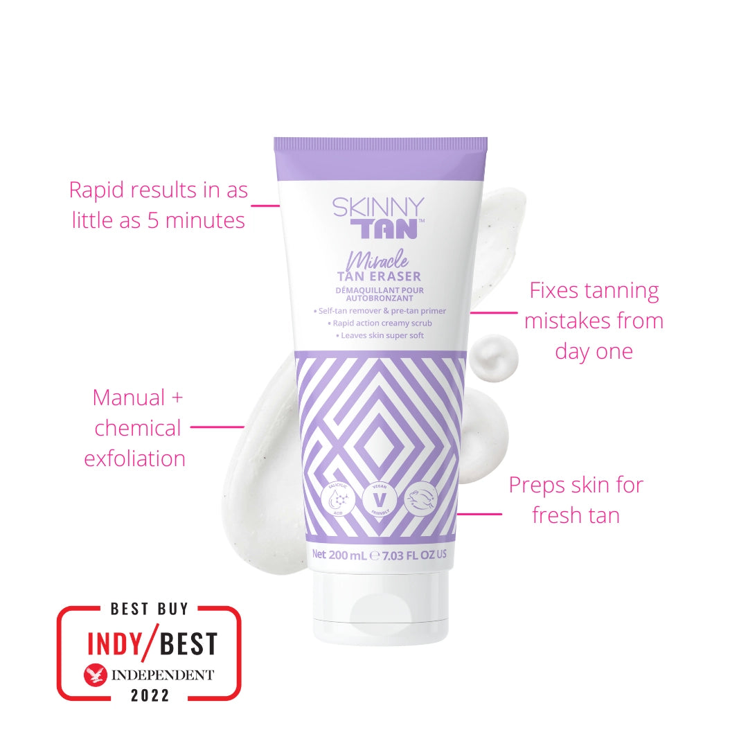 Skinny Tan Miracle Tan Eraser why you'll love me: rapid results in as little as 5 minutes, manual and chemical exfoliation, fixes tanning mistakes from day one, preps skin for fresh tan application