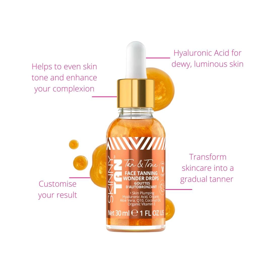 Skinny Tan face tanning Wonder Drops- Why you'll love me. Helps to even skin tone and enhance your complexion, Formula includes Hyaluronic Acid for dewy luminous skin, customisable results, transform your skincare products into a gradual tanner