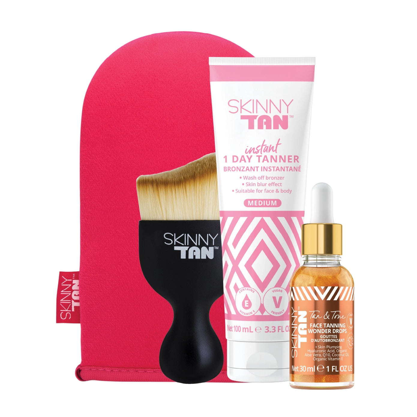 Tan in an instant bundle by Skinny Tan. Includes Instant 1 Day Tanner, Face tanning Wonder Drops, Miracle Brush and Pink Velvet Dual Tanning Mitt
