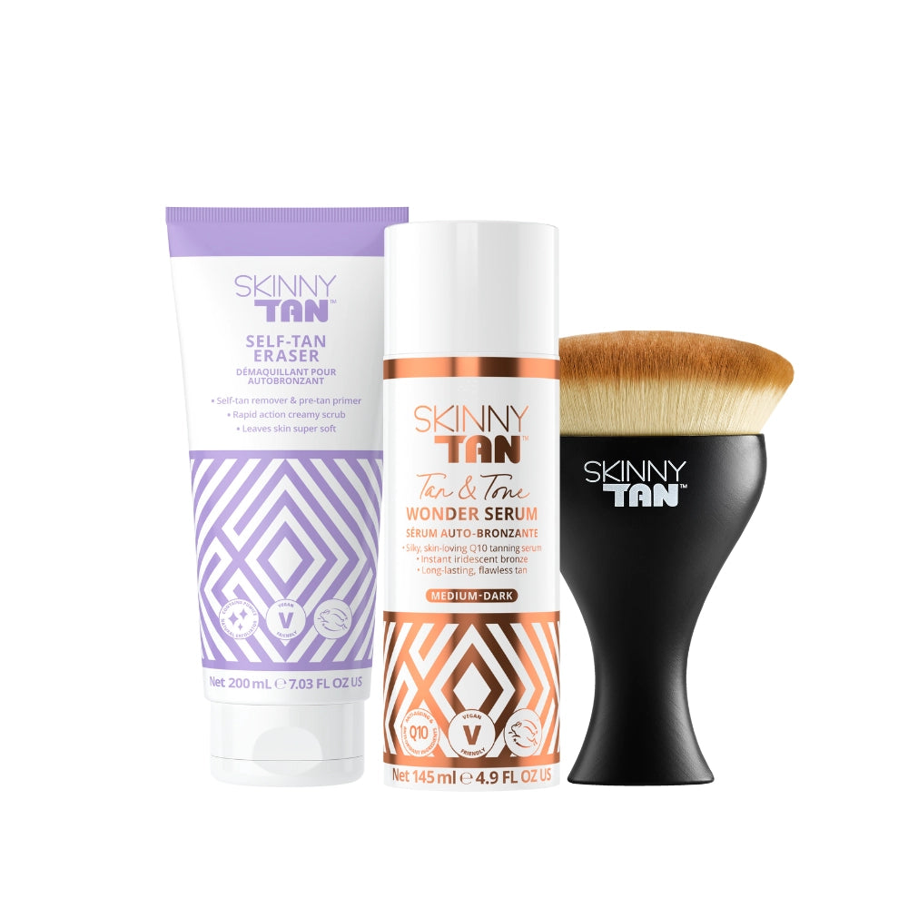 The Tan Your Skin Deserves Wonder Bundle product image including Skinny Tan Wonder Serum, Miracle Tan Eraser, Body Buffing Brush