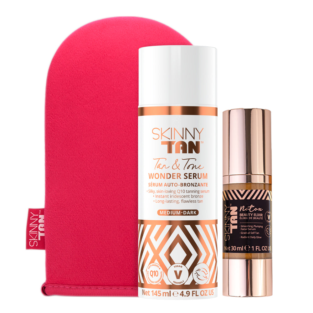 The Tan & Glow Bundle including Wonder Serum, Notox Beauty Elixir and the Luxury Tanning Mitt, for a top-rated, flawless looking tan. All in Skinny Tan packaging and branding,  